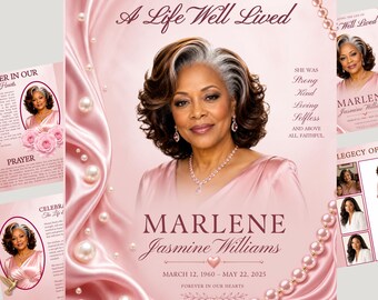 Puede incluir: Una plantilla de programa funerario con el retrato de una mujer de cabello oscuro con reflejos plateados, vistiendo un vestido rosa y joyas de perlas. El diseño incluye satén rosa, hileras de perlas y el texto: Celebrating the Life of A Life Well Lived, Marlene Jasmine Williams, March 12, 1960 - May 22, 2025, Forever in Our Hearts.