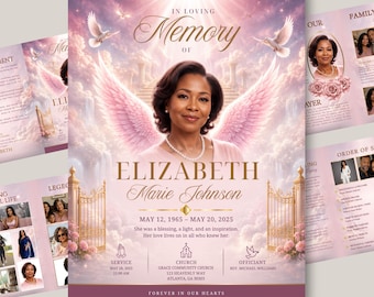 Puede incluir: Una plantilla de programa funerario con el retrato de una mujer con alas de ángel rosas sobre un cielo nublado con puertas doradas. El texto incluye IN LOVING MEMORY OF ELIZABETH Marie Johnson, fechas 12 MAYO 1965 - 20 MAYO 2025 y detalles.