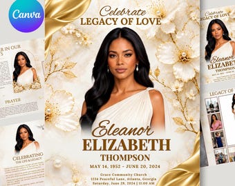 Puede incluir: Una plantilla de programa funerario con el retrato de una persona de cabello oscuro largo con un vestido blanco de un solo hombro. El diseño incluye detalles florales dorados, perlas y el texto Celebrate LEGACY OF LOVE, Eleanor ELIZABETH THOMPSON.