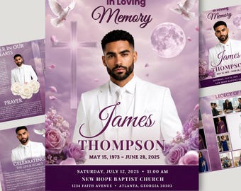 Puede incluir: Una plantilla de programa funerario con el retrato de un hombre en traje blanco sobre un cielo púrpura con una cruz, luna llena y palomas blancas. El texto incluye In Loving Memory, James Thompson, 15 de mayo de 1973 – 28 de junio de 2025.