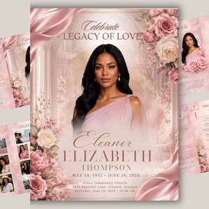 May include: A funeral program template featuring a portrait of a person in a pink one-shoulder dress, surrounded by pink roses and silk fabric. The text reads Celebrate Legacy of Love, Eleanor Elizabeth Thompson, May 14, 1952 – June 20, 2024.