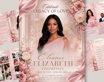Puede incluir: Una plantilla de programa funerario con el retrato de una persona con un vestido rosa de un solo hombro, rodeado de rosas rosas y tela de seda. El texto dice Celebrate Legacy of Love, Eleanor Elizabeth Thompson, 14 de mayo de 1952 – 20 de junio de 2024.