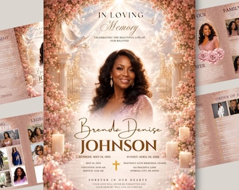 Puede incluir: Una plantilla de programa funerario con el retrato de una mujer, arcos de flores rosas y palomas blancas. El texto incluye IN LOVING MEMORY, Brenda Denise JOHNSON, fechas, detalles del servicio y la frase FOREVER IN OUR HEARTS.