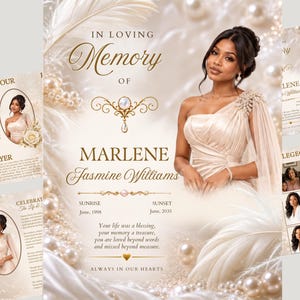 May include: A funeral programme template featuring a portrait of a woman in a champagne-coloured one-shoulder dress. The design includes white feathers, pearls, gold filigree accents, and the text In Loving Memory of Marlene Jasmine Williams.