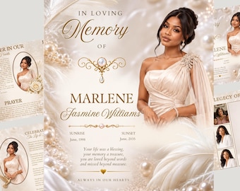 Puede incluir: Una plantilla de programa funerario con el retrato de una mujer en un vestido color champán de un solo hombro. El diseño incluye plumas blancas, perlas, detalles de filigrana dorada y el texto In Loving Memory of Marlene Jasmine Williams.