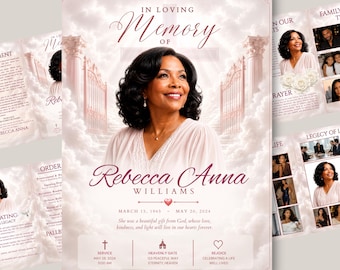 Puede incluir: Una plantilla de programa funerario con el retrato de una mujer de cabello oscuro. El diseño incluye el texto IN LOVING MEMORY OF REBECCA ANNA WILLIAMS, fechas e imágenes religiosas como nubes, puertas y una cruz en tonos rosados suaves.