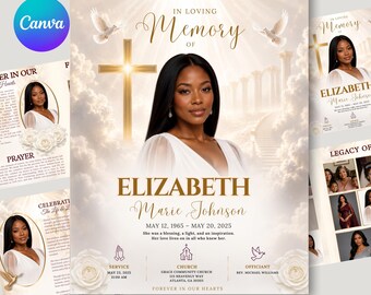 Puede incluir: Una plantilla de programa funerario con el retrato de una persona con vestido blanco, texto dorado IN LOVING MEMORY OF ELIZABETH MARIE JOHNSON, fechas MAY 12, 1965 - MAY 20, 2025, una cruz brillante, palomas blancas y rosas sobre fondo claro.