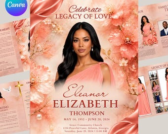 Puede incluir: Una plantilla de programa funerario con el retrato de una persona en un vestido color melocotón rodeada de flores y tela de satén. El texto incluye Celebrate Legacy of Love, Eleanor Elizabeth Thompson, 14 de mayo de 1952 - 20 de junio de 2024.