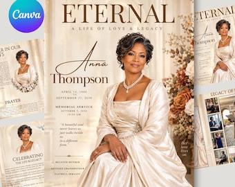 Puede incluir: Una plantilla de programa de servicio conmemorativo con el retrato de una mujer con vestido color champán y collar de perlas. El texto dice ETERNAL A LIFE OF LOVE & LEGACY, Anna Thompson, 14 de abril de 1980 al 27 de septiembre de 2030.