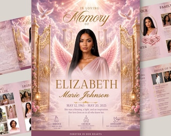 Puede incluir: Una plantilla de programa funerario con el retrato de una mujer con alas de ángel rosas, frente a puertas doradas y un cielo nublado. El texto incluye IN LOVING MEMORY OF ELIZABETH MARIE JOHNSON, fechas, detalles del servicio y FOREVER IN OUR HEARTS.