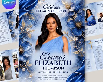 Puede incluir: Una plantilla de programa funerario con el retrato de una persona con un vestido azul claro de un solo hombro, rodeado de ilustraciones florales en azul oscuro y dorado. El texto incluye Celebrate Legacy of Love, Eleanor Elizabeth Thompson.