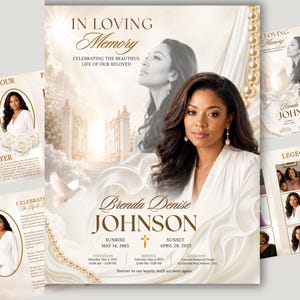 White & Gold Premium Funeral Program Template, 8-Pages Memorial Program, Obituary Book, In Loving Memory Editable Canva Design