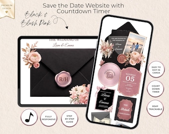Puede incluir: Una plantilla de sitio web para guardar la fecha con detalles florales en negro y rosa rubor, un sello de cera con las iniciales R/H, un temporizador de cuenta regresiva e iconos de música. El diseño incluye texto para la boda de Liam y Emma, seguimiento de RSVP y secciones editables en una tableta y un teléfono inteligente.