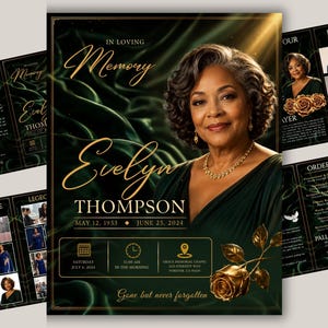 May include: A funeral programme template featuring a portrait of a woman, gold text reading In Loving Memory Evelyn Thompson, dates 12 May 1953 to 25 June 2024, service details, and a gold rose graphic against a dark green, draped fabric background.