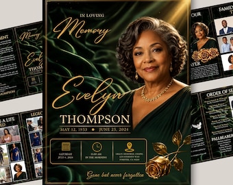 Puede incluir: Una plantilla de programa funerario con el retrato de una mujer, texto dorado In Loving Memory Evelyn Thompson, fechas 12 de mayo de 1953 al 25 de junio de 2024, detalles del servicio y un gráfico de rosa dorada sobre fondo de tela verde oscuro.