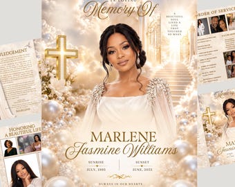 Puede incluir: Una plantilla de programa funerario con el retrato de una persona con un vestido blanco y hombros de cristal, sobre un fondo de puertas doradas, nubes y perlas. El texto incluye In Loving Memory Of, Marlene Jasmine Williams y las fechas.