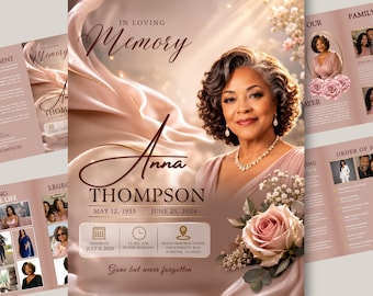 Puede incluir: Una plantilla de programa funerario con el retrato de una mujer de cabello oscuro, drapeados de tela rosa suave y un ramo de rosas. El texto incluye In Loving Memory, Anna Thompson, 12 de mayo de 1953, 25 de junio de 2024 y detalles del 6 de julio.
