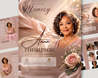 Puede incluir: Una plantilla de programa funerario con un retrato de Anna Thompson, el texto In Loving Memory, 12 de mayo de 1953 - 25 de junio de 2024, y detalles del servicio para el 6 de julio de 2024. El diseño incluye drapeados de tela rosa, una rosa y detalles dorados.