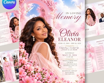Puede incluir: Una plantilla de programa funerario con el retrato de una mujer, flores de cerezo rosas y palomas blancas. El texto incluye IN LOVING MEMORY, Olivia Eleanor, 15 de junio de 2003 – 20 de sept de 2029, sábado 25 de mayo de 2024, 11:00 AM y Grace Community Church.