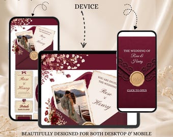 Puede incluir: Una plantilla de invitación de boda digital en un smartphone y una tableta, con un sobre color burdeos, un sello de cera dorado con las iniciales R/H, una foto de una pareja junto a un lago y el texto The Wedding of Rose & Henry.