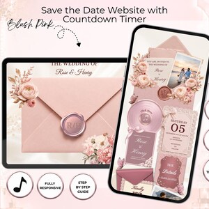 May include: A digital wedding invitation website template featuring a blush pink colour palette, floral accents, and a wax seal graphic. The interface displays a countdown timer, RSVP tracking, and interactive buttons for event details on a tablet and smartphone.
