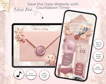 Puede incluir: Una plantilla de sitio web para invitaciones de boda con una paleta de colores rosa empolvado, detalles florales y un sello de cera. La interfaz muestra un temporizador de cuenta regresiva, seguimiento de RSVP y botones interactivos en pantalla.