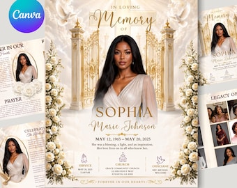 Puede incluir: Una plantilla de programa funerario con el retrato de una persona con vestido claro, enmarcado por puertas doradas, rosas blancas y palomas. El texto incluye IN LOVING MEMORY OF SOPHIA MARIE JOHNSON, fechas, detalles del servicio y FOREVER IN OUR HEARTS.