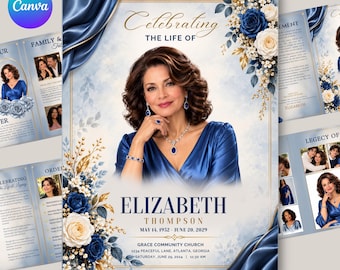 Puede incluir: Una plantilla de programa funerario con el retrato de una mujer con vestido azul, adornado con rosas azul marino y blancas y detalles dorados. El texto dice Celebrating The Life Of Elizabeth Thompson, 14 de mayo de 1952 - 20 de junio de 2029, Grace Community Church.