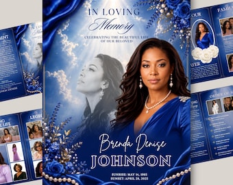 Puede incluir: Una plantilla de programa funerario con un tema azul profundo, drapeados de satén, rosas blancas y detalles de perlas. El texto dice In Loving Memory, Celebrating the Beautiful Life of Our Beloved, Brenda Denise Johnson, 14 mayo 1965-28 abril 2025.