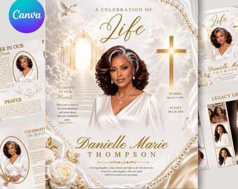 Puede incluir: Una plantilla de programa funerario titulada A Celebration of Life con el retrato de una mujer de cabello oscuro, una cruz brillante, una puerta dorada, rosas blancas y perlas. El texto incluye Danielle Marie Thompson y las fechas.