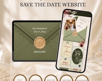 Puede incluir: Una plantilla digital de sitio web de "save the date" para bodas mostrada en una tableta y un teléfono inteligente. El diseño presenta un sobre verde oliva con un sello de cera, detalles florales y texto que incluye "Sega & Olive" y "The Wedding of Rose & Henry."