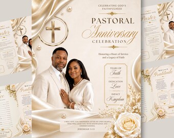 Puede incluir: Una plantilla de programa para una celebración de aniversario pastoral con una paleta de colores crema y dorado. El diseño incluye la fotografía de una pareja, una cruz dorada, detalles de perlas y rosas blancas. El texto incluye "Pastoral Anniversary Celebration" y "Jeremiah 3:15".