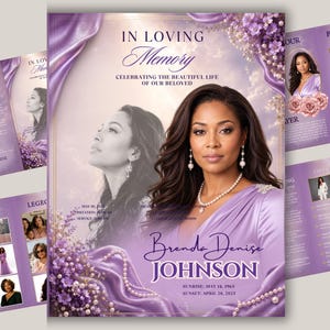 Può includere: Un modello di programma funebre con sfondo in raso viola, dettagli in perle e composizioni floreali. Il testo recita In Loving Memory, Celebrating the Beautiful Life of Our Beloved, Brenda Denise Johnson, Sunrise May 14 1965, Sunset April 28 2025.