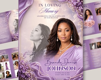 Puede incluir: Una plantilla de programa funerario con fondo de satén morado, detalles de perlas y arreglos florales. El texto dice In Loving Memory, Celebrating the Beautiful Life of Our Beloved, Brenda Denise Johnson, Sunrise May 14 1965, Sunset April 28 2025.