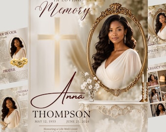 Puede incluir: Una plantilla de programa funerario con el retrato de una persona en un marco ovalado dorado, una cruz brillante y el texto IN LOVING MEMORY, Anna THOMPSON, MAY 12, 1953, JUNE 25, 2024, Honoring a Life Well Lived, Forever loved, forever missed.
