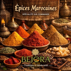 Puede incluir: Una vibrante exhibición de especias marroquíes en varios colores, incluyendo rojo, amarillo y marrón, presentadas en cuencos de madera. La imagen presenta el texto "Épices Marocaines" y la marca "BEJORA".