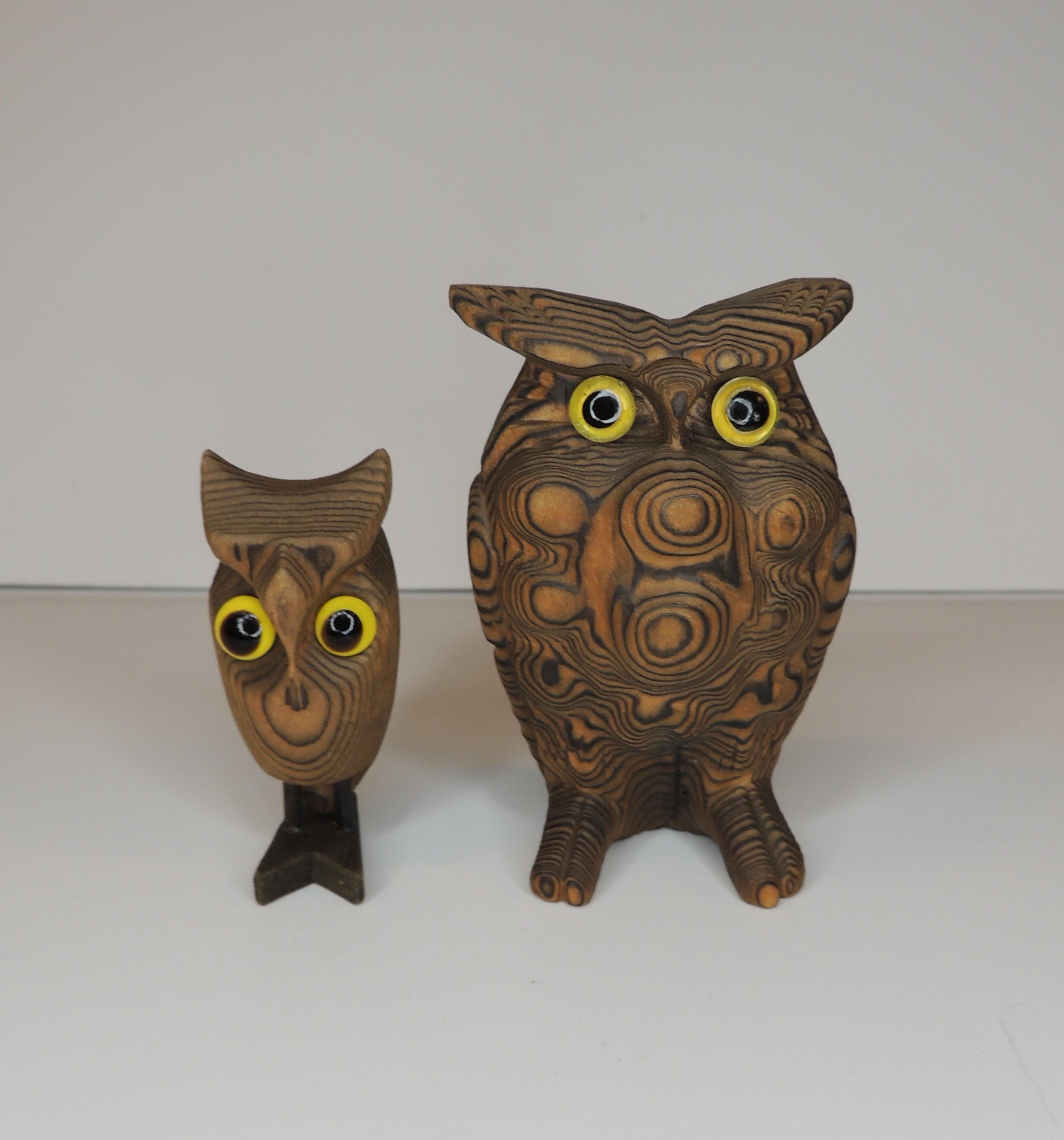 2 Vtg Carved Wood Owl Figurines Mom & Baby Wooden Shelf Sitter Japan