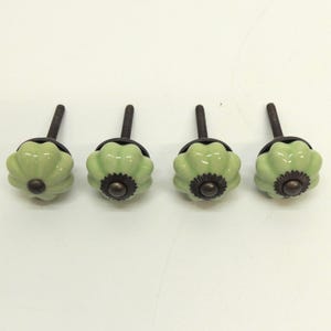 May include: Four round, pale green ceramic cabinet knobs with a fluted, pumpkin-like shape. Each knob features a dark bronze-colored metal base and a matching dark bronze center screw cap, with a threaded metal bolt extending from the back.