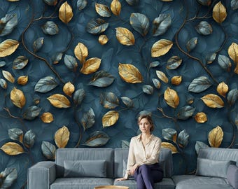 Papel pintado azul y dorado / Mural botánico autoadhesivo / Arte mural moderno de lujo / Papel pintado removible / Decoración para sala de estar / Lienzo