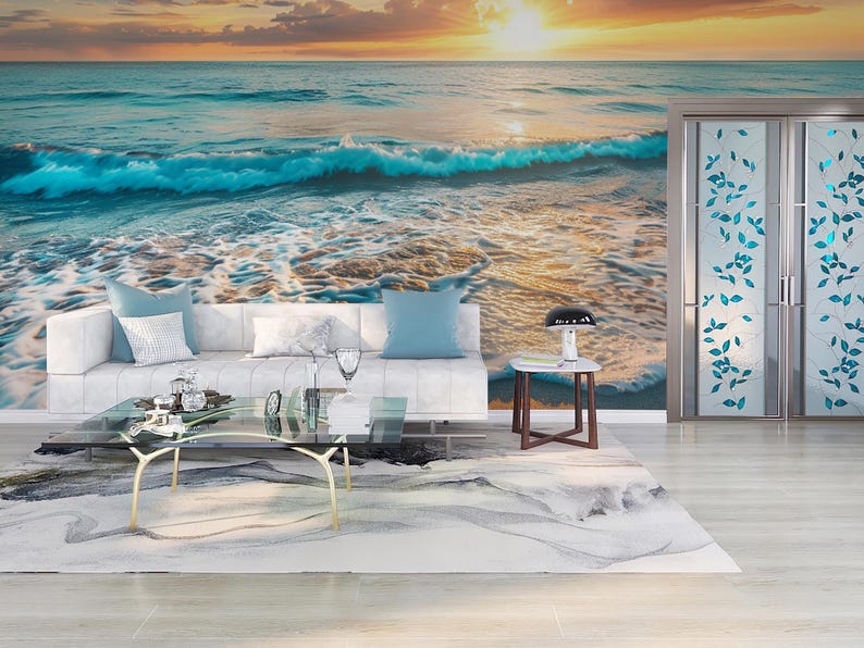 Ocean Sunset Beach Peel and Stick Wallpaper, Tropical Sea Waves Coastal ...