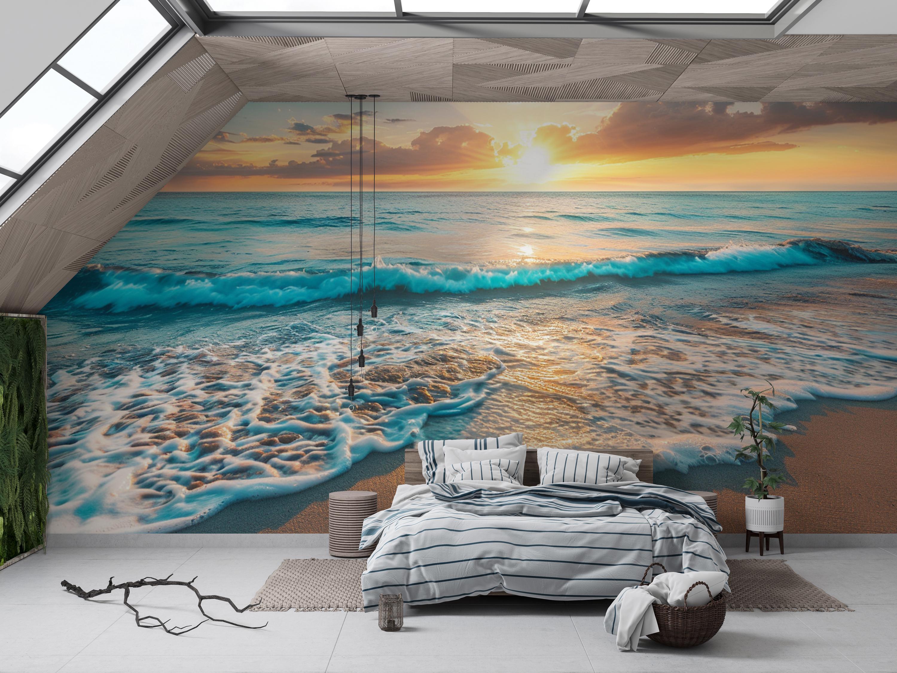 Ocean Sunset Beach Peel and Stick Wallpaper, Tropical Sea Waves Coastal ...