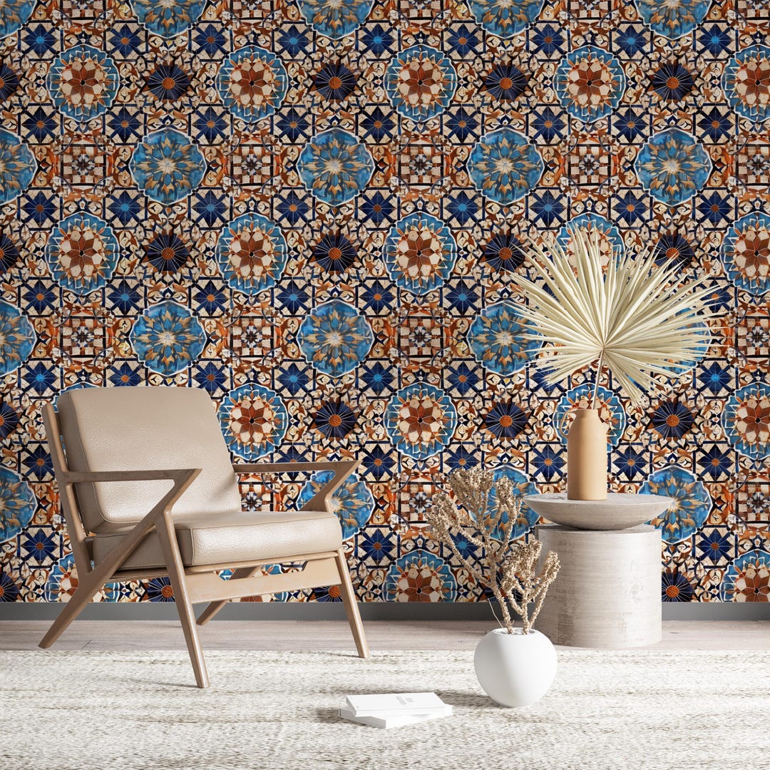 Peel & Stick Vintage Moroccan Mosaic Tile Wallpaper | Blue Brown ...