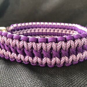 Pu&ograve; includere: Un collare per cani in paracord viola e argento con una fibbia argentata.