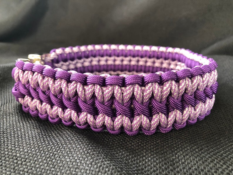 Pu&ograve; includere: Un collare per cani in paracord viola e argento con una fibbia argentata.