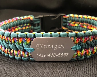 Paracord Dog Collar with attached personalized id tag, 1 1/4&#39; wide, side by side cobra weave (custom colors and size)