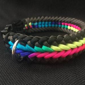 Paracord Dog Collar in black, gray and rainbow cord in the Wide Sanctified Weave (custom size)