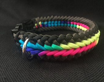 Paracord Dog Collar in black, gray and rainbow cord in the Wide Sanctified Weave (custom size)