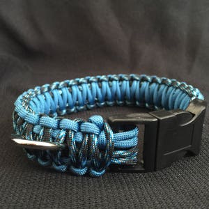 Paracord Dog Collar in light blue and lightning camo (custom size), custom dog collar, made in USA, blue and black dog collar