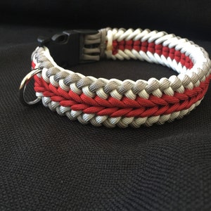 Paracord Dog Collar in the Wide Sanctified Weave in grey, white and red (custom size)