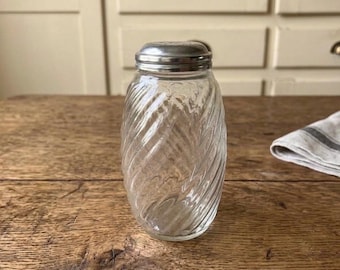 Vintage French Glass Sugar Shaker, Ribbed Glass Dispenser with Metal Lid, Retro Kitchen Storage, Farmhouse Table Decor